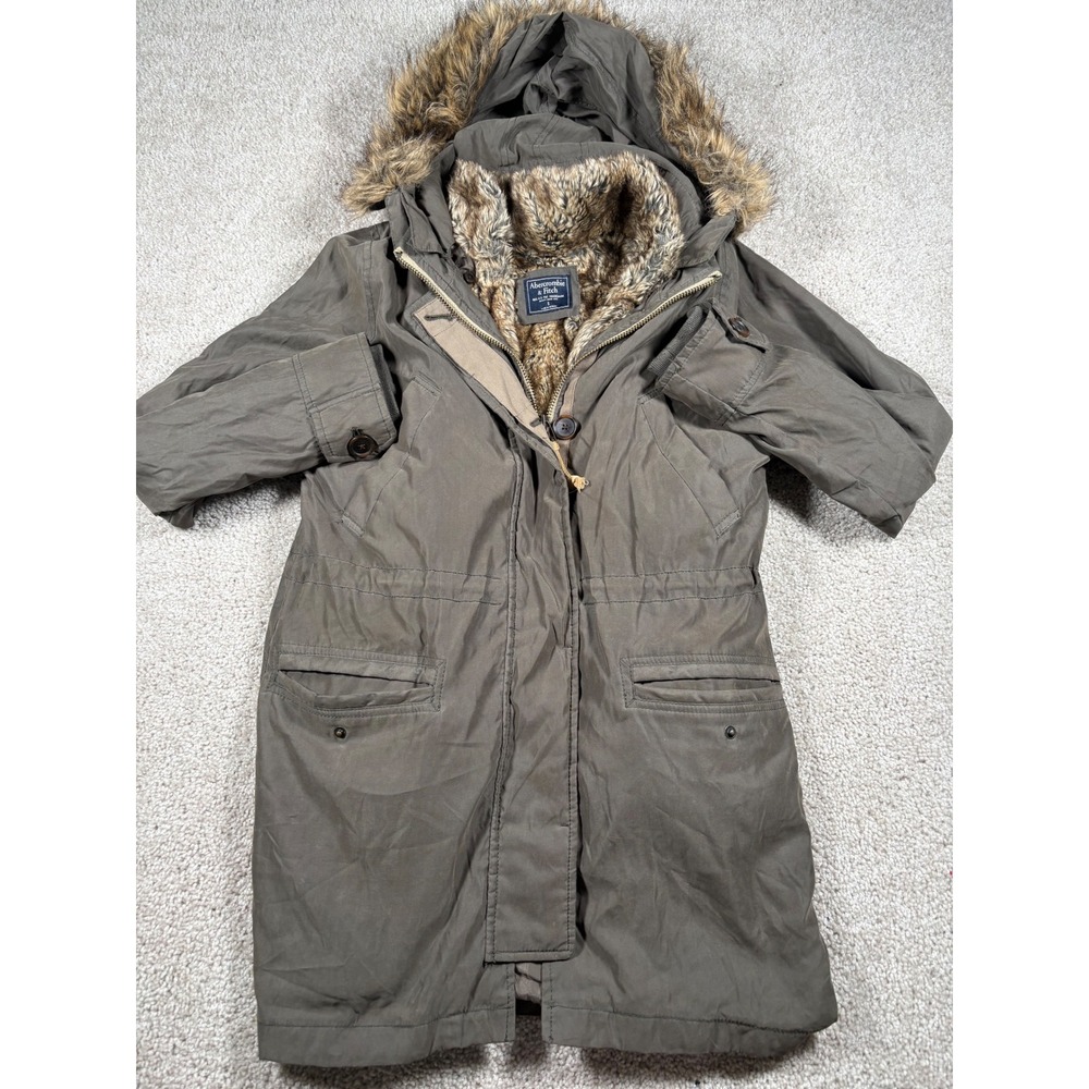 Abercrombie & Fitch Olive Green Faux Fur Lined Winter Parka Jacket Small y2K